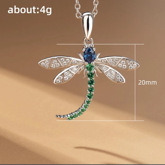 Sterling Silver Plated Dragonfly With Sapphire, Emerald and Diamond Necklace - Picture 5 of 5